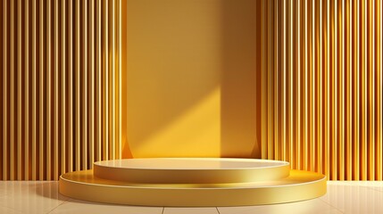 3D rendering of a golden podium with a spotlight. The podium is surrounded by luxurious golden...