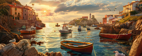 A delightful coastal village tucked into a rugged coastline, where vibrant fishing boats peacefully float on the calm waters as the sun sets. - obrazy, fototapety, plakaty