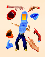 Woman in casual clothes with retro phone body dancing around hands and mouth floating around....
