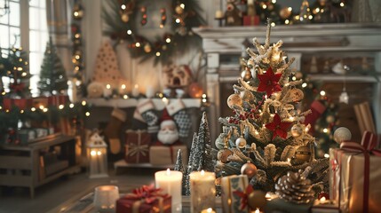 A cozy living room is decorated for Christmas. There is a beautifully decorated Christmas tree in the corner of the room, surrounded by presents.