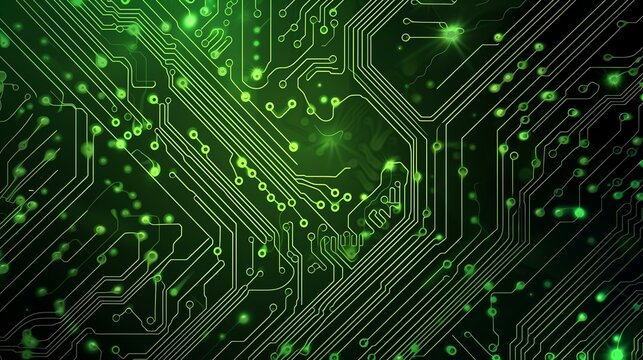 Glowing green circuit board. Electronic technology background.