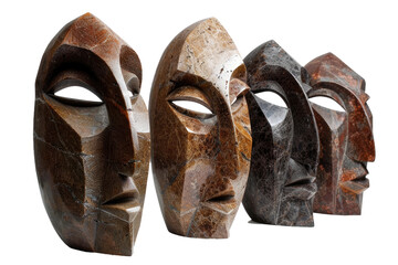 Group of Wooden Masks Sitting Together. On a Clear PNG or White Background.