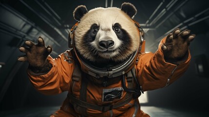 Giant panda in space suit friendly greets ai generated character anthropomorphic - obrazy, fototapety, plakaty