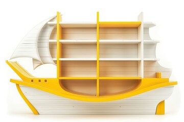 elegant white and yellow wooden bookshelf with cruise ship shape isolated on white 