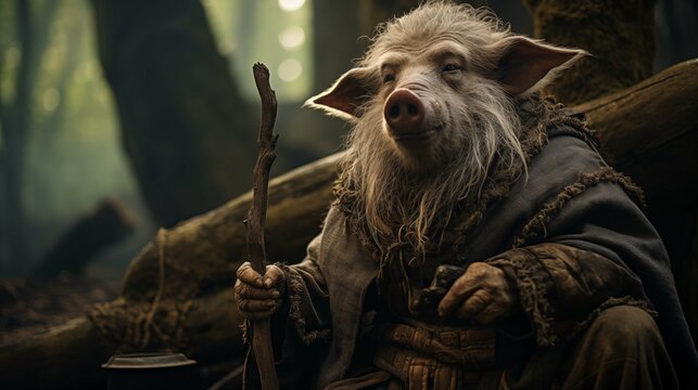 Contemplative pig dressed in druid cloak ai generated character anthropomorphic