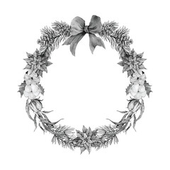 Monochrome Christmas coniferous wreath with a bow - obrazy, fototapety, plakaty