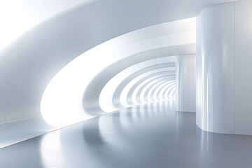 Sleek Curvilinear Architecture Hallway. A vision of futuristic interior design with a focus on pure white, flowing arches, and an endless perspective