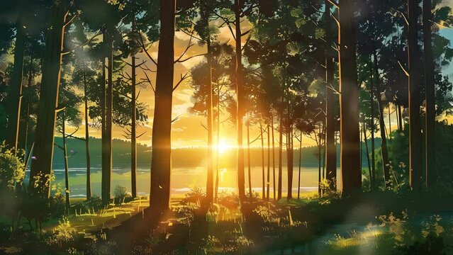 Idyllic forest landscape featuring a serene lake in the far-off background. Seamless Looping 4k Video Animation