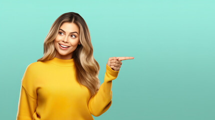 Mockup for advertising with happy female model, pointing to the side at background wall for marketing graphics, space for branding copy and sale deal announcement, blank background