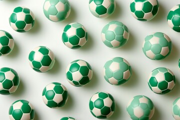 Pattern of Green and White Soccer Balls Arranged on White Surface for Sports and Recreation Background