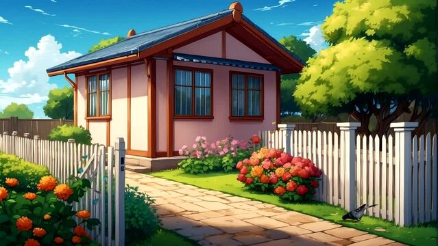 Animation Beautiful garden house frontage with fence, dancing butterflies, doves Seamless looping 4k time-lapse animation video background
