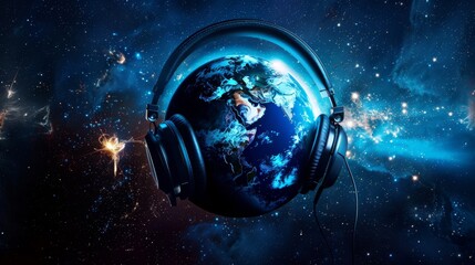 Obraz na płótnie Canvas Earth Wearing Headphones, Global Music Concept
