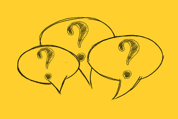 Question marks with speech bubble drawn on yellow background. Frequently asked questions