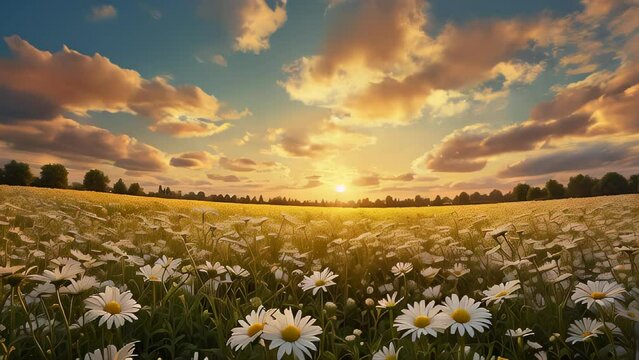Beautiful daisy field with the setting sun on the horizon.
