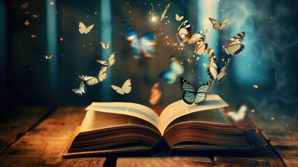 An open book with enchanting butterflies emerging, perfect for fantasy and literature backgrounds Generative AI