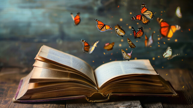 An open book with enchanting butterflies emerging, perfect for fantasy and literature backgrounds Generative AI
