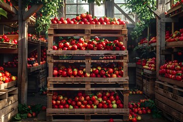 Warehouse filled with ripe apple fruit crates