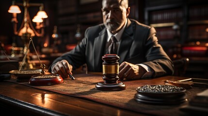 Lawyer hand concept justice with judge gavel, Businessman in suit or Hiring lawyers in the digital system.