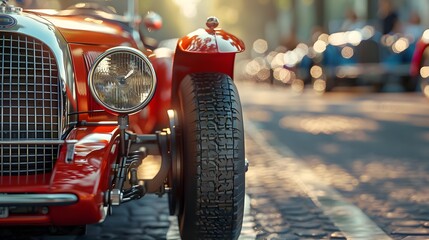 A detailed view of a red vintage car's front grille and headlight, with the warm sunset reflecting off its polished surface at a car show. - obrazy, fototapety, plakaty