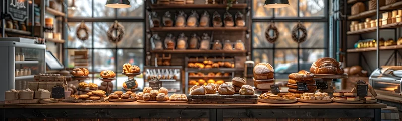 Tuinposter Stepping into the cozy embrace of an artisan bakery, rustic wooden shelves adorned with a delightful array of freshly baked bread, pastries, and desserts. © Chomphu