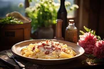 A close-up shot of al dente rigatoni pasta coated in a creamy carbonara sauce, garnished with crispy pancetta and freshly grated Pecorino Romano cheese
