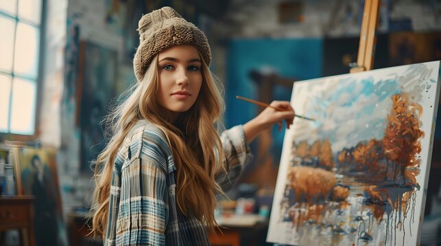 A young artist, dressed in a cozy sweater and beanie, is immersed in creating a colorful landscape painting in her bright, inspirational studio space.