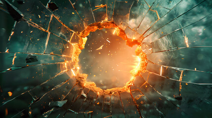 Dramatic 3D illustration of an explosion causing a hole and cracks in glass - obrazy, fototapety, plakaty