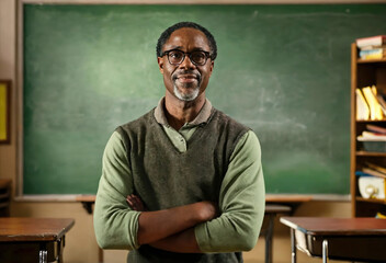 serious portrait of middle aged african american man without student kids in elementary school teacher teaching a class. male with arms crossed. folded hands classroom with green blackboard background