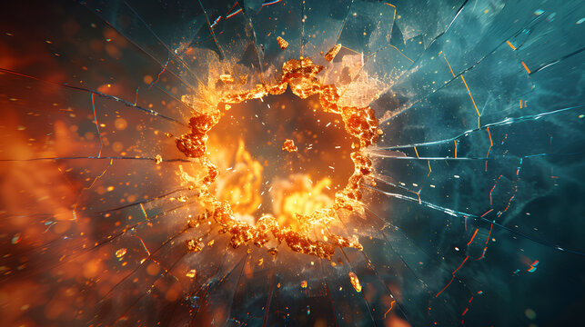 Dramatic 3D illustration of an explosion causing a hole and cracks in glass