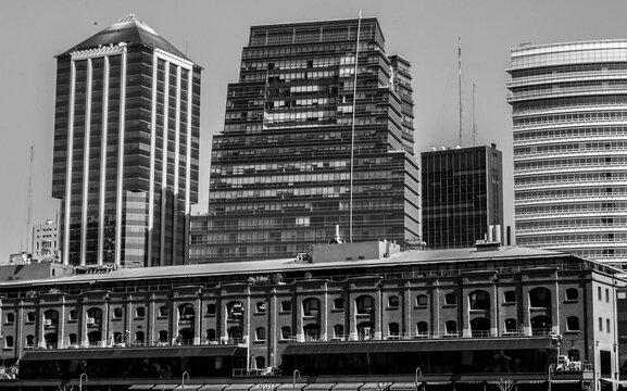 Black and white city buildings