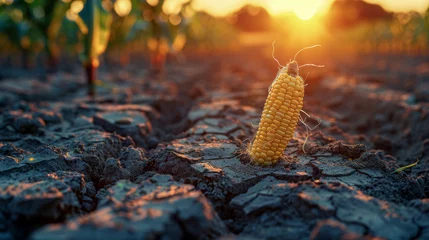 Fotobehang Consequence of global warming. Corn lies on the parched ground. © senadesign