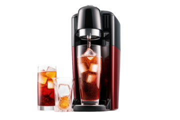 Red and Black Beverage Dispenser With Two Glasses of Ice.. On a Clear PNG or White Background.