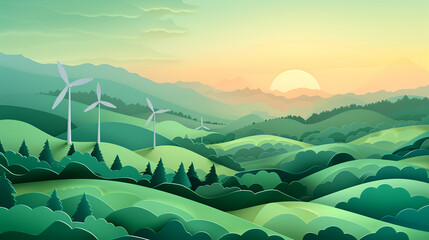 Clean energy windmill landscape, ESG focus, paper cut style, - obrazy, fototapety, plakaty