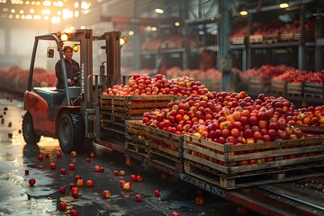 Worker in forklift stacking apple crates on pallets in warehouse