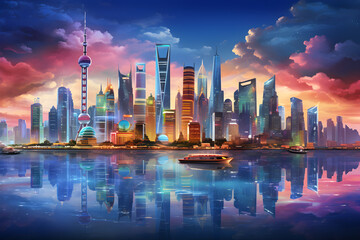 Panoramic Twilight Vista of Iconic Asian Skyscrapers: A Fusion of Architectural Wonders and Diverse Cultures