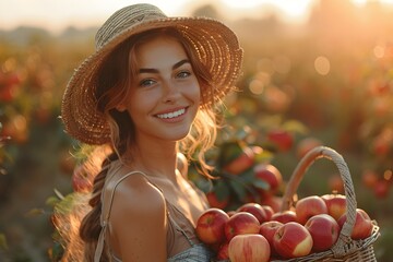 Woman holding wicker basket full of ripe red apples