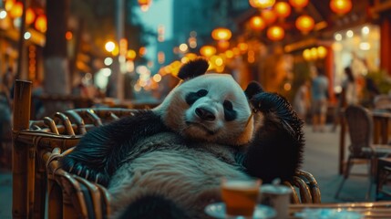 A giant panda lounging at a cafe with festive lights in the background