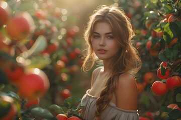 Woman standing in an apple tree orchard in sunset