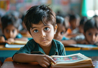 Photo of Indian school children in uniform sitting at desks and reading books, one child is looking directly into the camera with big eyes