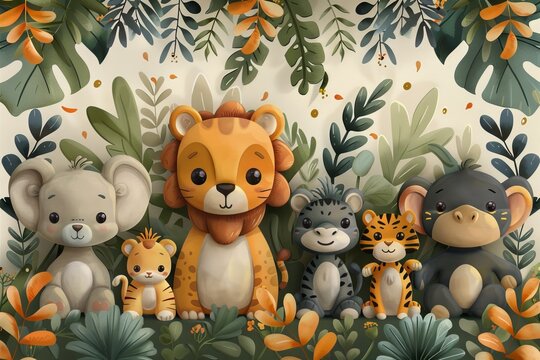 Illustration of safari animals for baby including elephant, lion, giraffe, tiger, zebra, and monkey