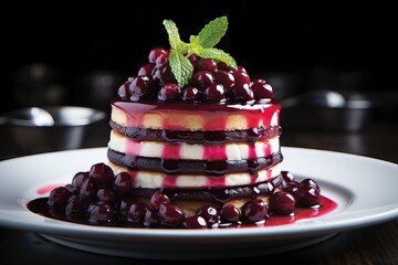 A layered sponge cake dessert topped with berries and sauce on a white plate - obrazy, fototapety, plakaty