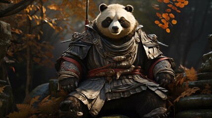 Panda warrior rests amidst autumn foliage ai generated character anthropomorphic