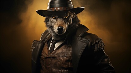 Suave wolf detective in stetson and fringed jacket ai generated character anthropomorphic - obrazy, fototapety, plakaty