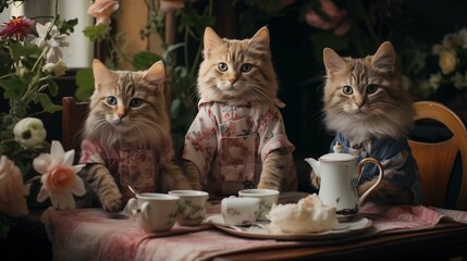 Three adorable kittens in floral tea party ai generated anthropomorphic scene - obrazy, fototapety, plakaty