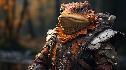 Toad warrior in detailed leather, metal armor ai generated character anthropomorphic - obrazy, fototapety, plakaty