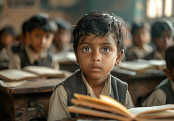 Photo of Indian school children in uniform sitting at desks and reading books, one child is looking directly into the camera with big eyes
