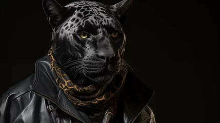 Tuinposter Black panther in leather jacket with scarf ai generated character anthropomorphic © AImg