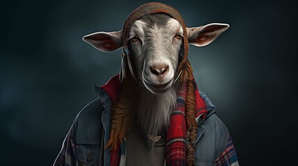 Wise goat in cozy beanie and plaid scarf ai generated character anthropomorphic - obrazy, fototapety, plakaty