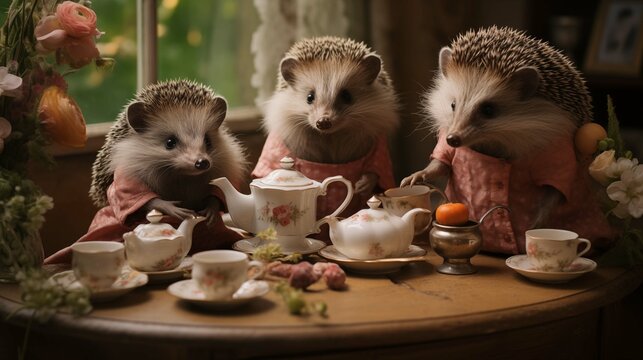 Charming gathering of hedgehogs at tea party ai generated anthropomorphic scene