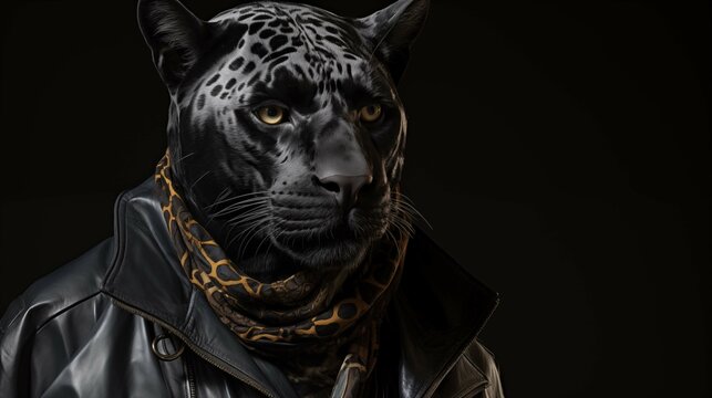 Black panther in leather jacket with scarf ai generated character anthropomorphic